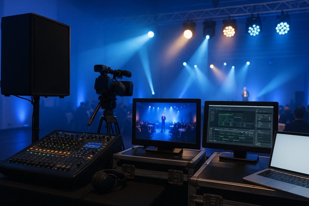 Profesionálne technické zabezpečenie podujatia – zvuková technika, svetlá, video kamera a monitory v zákulisí live eventu