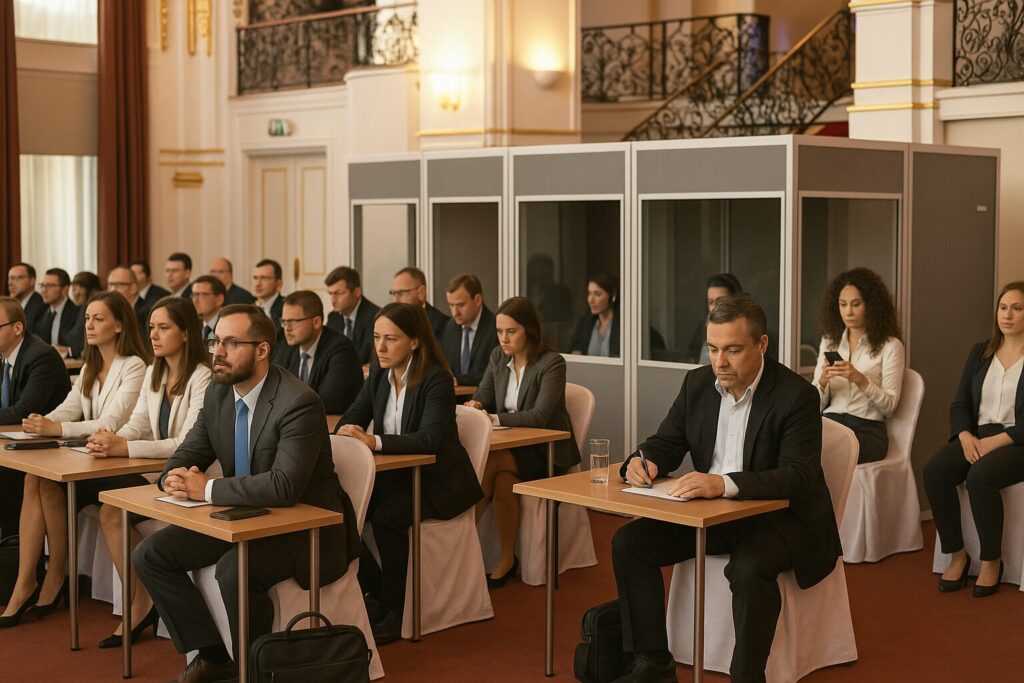 Tlmočnícka kabína v konferenčnej sále počas medzinárodného podujatia s účastníkmi počúvajúcimi simultánne tlmočenie