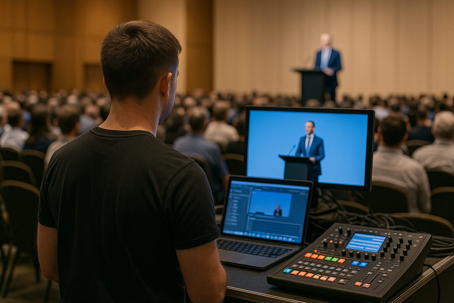 Technik obsluhujúci AV techniku a videoprojekciu počas konferencie v sále plnej divákov